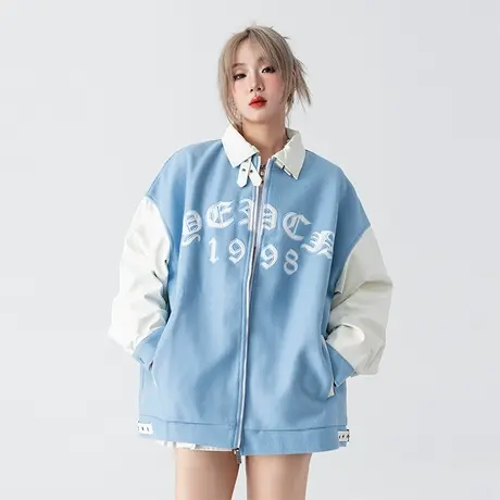 YEP拼接外套女春秋款ins国潮oversize宽松休闲秋季复古机车风夹克商品大图