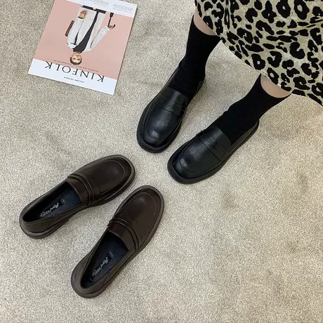 【真皮】加绒小皮鞋女秋冬新款英伦风复古软底日系单鞋软皮乐福鞋商品大图