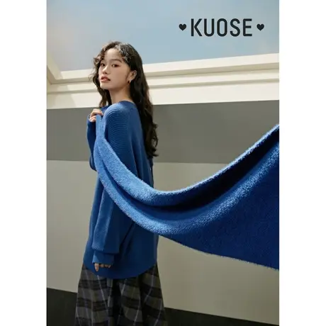 阔色蓝色针织v领毛衣女2023新款秋冬厚落肩袖宽松针织衫搭配围巾商品大图