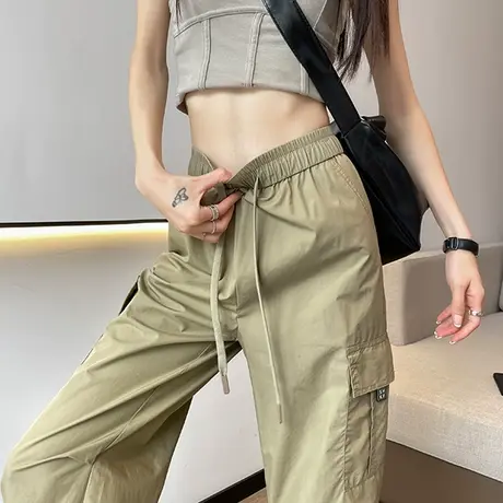 卡其色速干束脚工装裤女春秋新款高腰防晒休闲美式运动哈伦阔腿裤商品大图