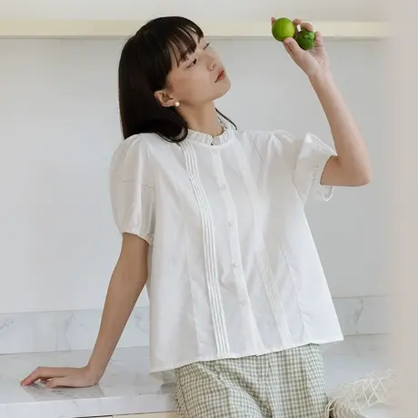 omont蛋挞家 复古小花边领重工泡泡袖短袖衬衫女夏季新款衬衣上衣商品大图