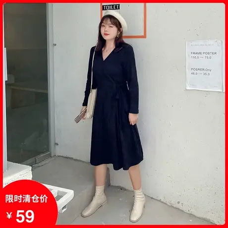 2025秋新款V领显瘦针织绑带收腰中长款大码胖MM连衣裙打底黑色图片