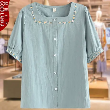 中老年妈妈夏装棉麻短袖上衣方领绣花小衫加肥加大码女装套头衬衫商品大图