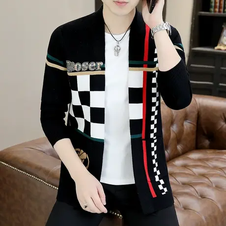 男士针织开衫2022新款潮牌个性烫钻字母外套秋季V领撞色格子毛衣商品大图