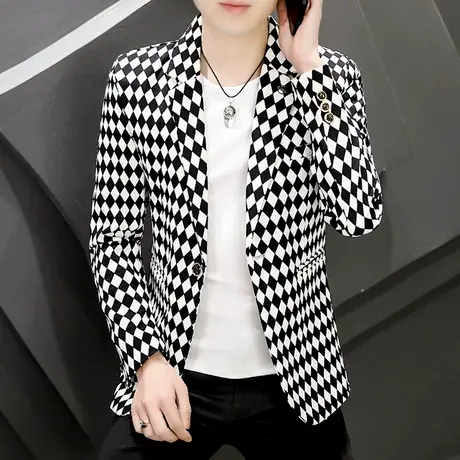 男士格子西装外套上衣春秋季潮流韩版时尚休闲男装ins痞帅小西服商品大图