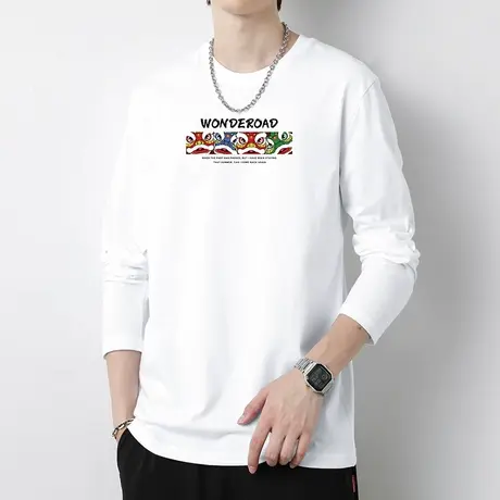 2023新款纯棉长袖t恤男士白色上衣服秋季内搭打底衫全棉国潮体恤商品大图