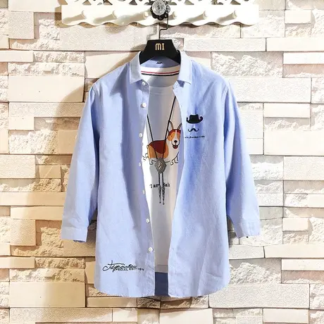 春装新款男士七分袖衬衫青少年短袖衬衣学生外套夏季五分中袖潮流商品大图