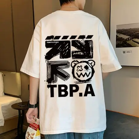 嘻哈涂鸦印花纯棉短袖T恤男夏季ins潮牌半袖情侣上衣圆领宽松体恤商品大图
