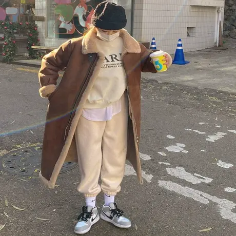 新款羊羔毛鹿绒皮一体复合棉衣女中长款韩版宽松大码保暖棉服外套商品大图