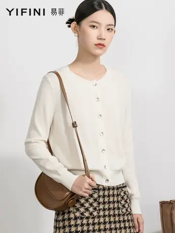 Yifini/易菲100%绵羊毛春秋新款复古慵懒风设计感针织开衫图片