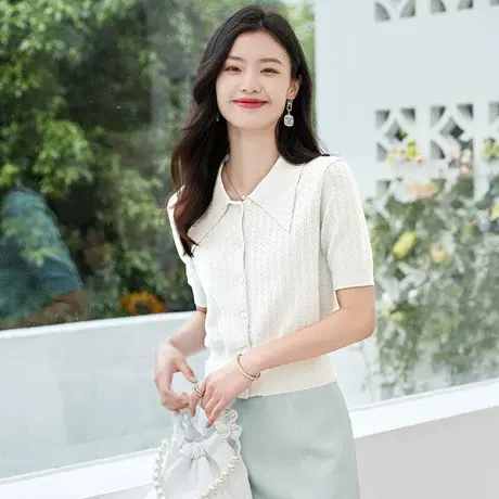 时尚气质百搭短袖针织开衫夏季新款女士娃娃领减龄简约上衣图片