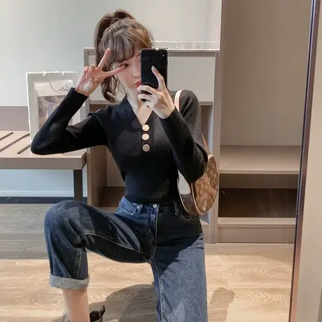 2022秋季新款针织衫上衣女长袖毛衣内搭修身套头黑色打底衫春秋薄图片