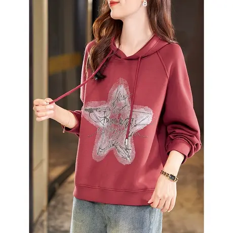 宝诗黎连帽烫钻印花宽松卫衣2024春季新款长袖套头上衣女百搭休闲商品大图