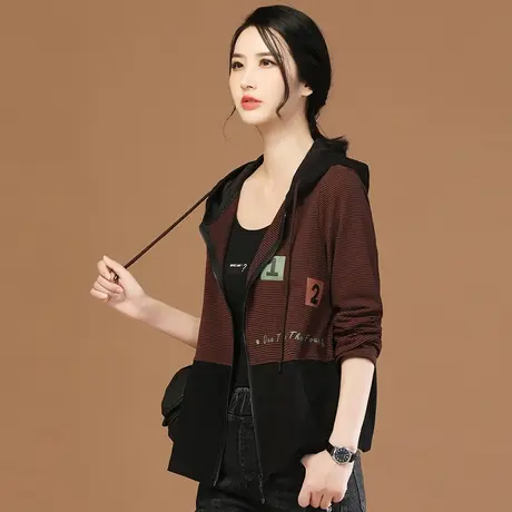 韩潮袭人连帽长袖条纹拼接短外套女2024春季新款百搭显瘦棒球服薄图片