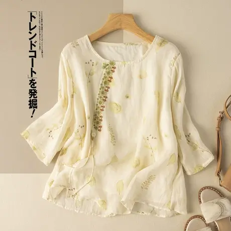 享永子碎花苎麻七分袖上衣夏宽松显瘦高级感重工棉麻T恤2024新款商品大图