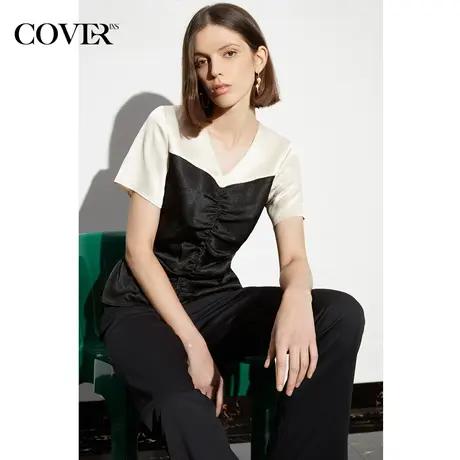 COVER夏季撞色抽褶缎面不易皱上衣图片