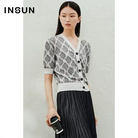 INSUN恩裳线上专选夏季金葱混纺提花V领针织开衫商品大图