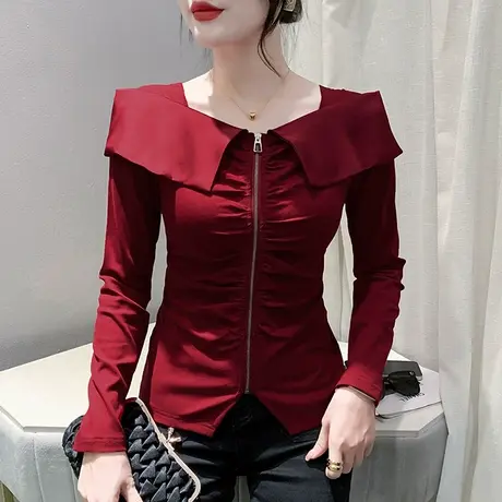 拉链拼接褶皱上衣性感开叉下摆一字领T恤女长袖气质减龄收腰小衫商品大图