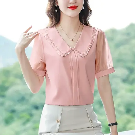 雪纺衬衫女夏季短袖2023新款娃娃领上衣洋气时髦别致漂亮收腰小衫图片