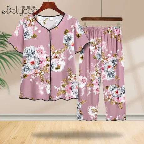 中老年妈妈棉绸夏装女新款衬衫套装老人大码可外穿家居服奶奶睡衣商品大图