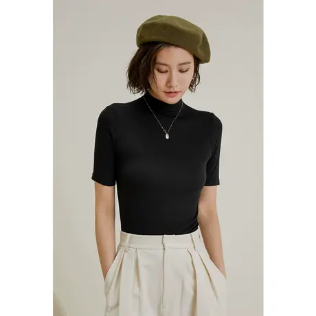 弥古黑色半高领针织短袖上衣女春秋薄款修身内搭高级感t恤打底衫商品大图