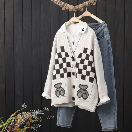V领格子针织开衫女士2022新款秋冬季宽松外穿慵懒风毛衣外套上衣图片