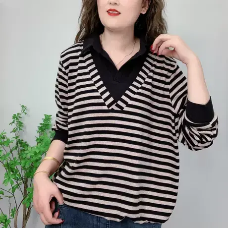 2023早秋新款设计感上衣假两件条纹撞色女长袖T恤大码显瘦上衣潮商品大图