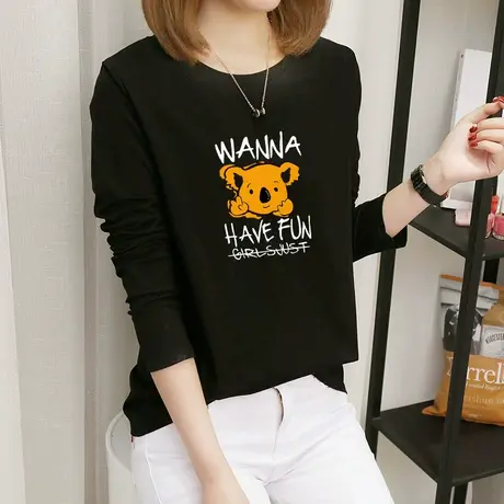 2022新款秋季T恤女长袖圆领上衣秋衣外穿休闲韩版宽松内搭打底衫图片