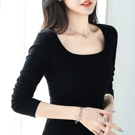 黑色大u领打底衫女士低胸衣服春季性感螺纹修身紧身内搭长袖上衣图片