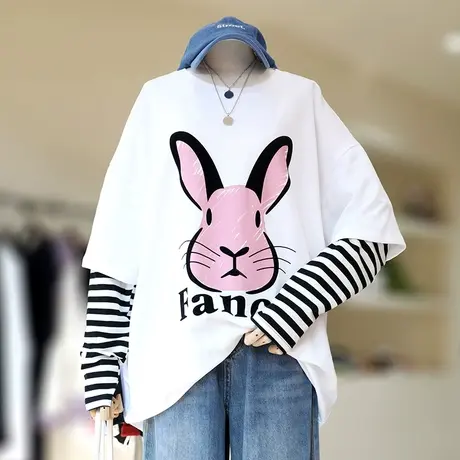 大码假两件长袖T恤女春秋装2023新款宽松200斤显瘦藏肉胖mm上衣服商品大图