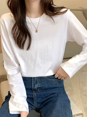 春秋装白色仿棉长袖T恤女冬季美式复古洋气加绒内搭打底衫上衣服商品大图