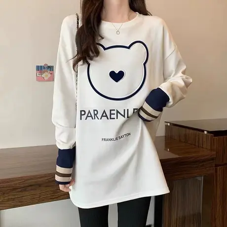 设计感小众长袖t恤女春秋韩版宽松大码中长款上衣打底衫加绒小衫商品大图