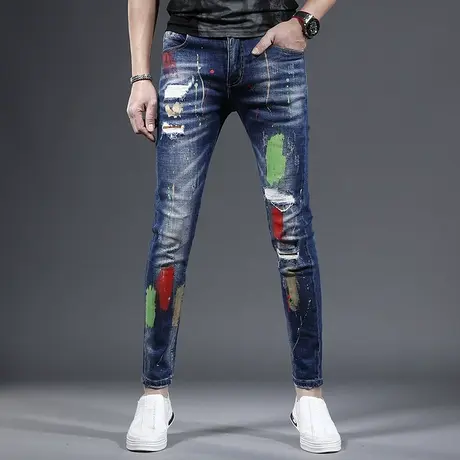 牛仔裤潮男破洞补丁泼墨个性潮流帅气男士牛仔裤修身小脚2023款商品大图