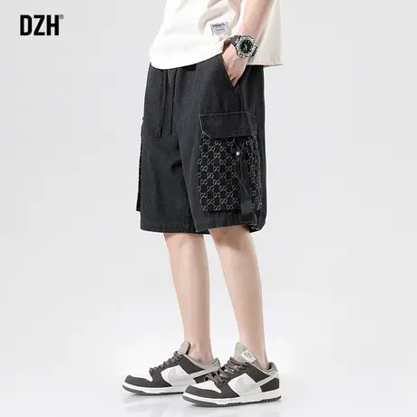 男士黑色工装牛仔短裤男夏季潮牌美式复古宽松直筒裤子男款2023年商品大图
