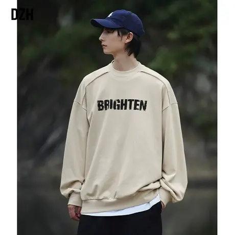 DZH男士杏色卫衣男圆领春秋款衣服情侣秋装外套男装潮牌美式上衣商品大图