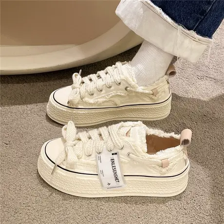 小香风帆布鞋女2024新款透气百搭松糕厚底增高小白鞋女鞋子ins潮商品大图