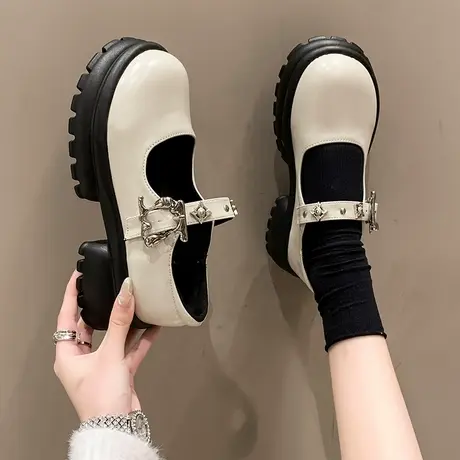 女鞋2023春秋新款鞋子法式复古玛丽珍单鞋女圆头中跟高粗跟小皮鞋商品大图