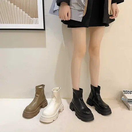 小香风厚底白色马丁靴鞋子女新款2024爆款秋冬季瘦瘦靴高跟短靴子商品大图