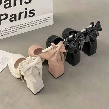 小众法式粗跟高跟鞋女鞋子2023年新款秋季气质珍珠浅口玛丽珍单鞋图片