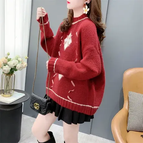 圣诞新年红色圆领毛衣女2023年新款秋冬宽松复古减龄别致针织上衣商品大图