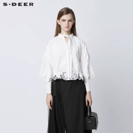 sdeer圣迪奥女装春秋装休闲V领抽绳水墨印花白色衬衫S21380523图片