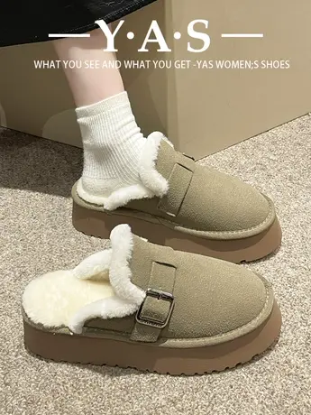 厚底雪地靴包头半拖女外穿毛毛拖鞋2023新款冬季一脚蹬勃肯鞋棉拖商品大图