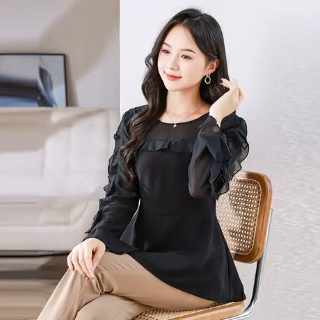 伊自尚2024春季新款女装大码胖mm黑色显瘦设计感法式别致雪纺上衣图片