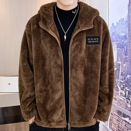 加绒加厚外套男2023秋冬季连帽夹克帅气百搭潮拼接冲锋衣保暖棉服商品大图