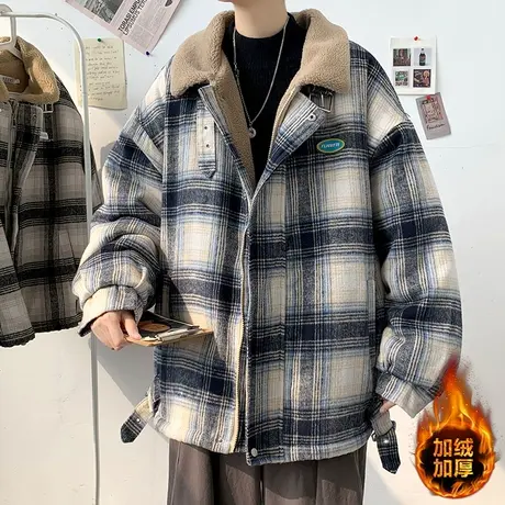 羊羔绒重磅夹克外套男春秋季新款宽松加绒加厚格子翻领拉链开衫潮商品大图