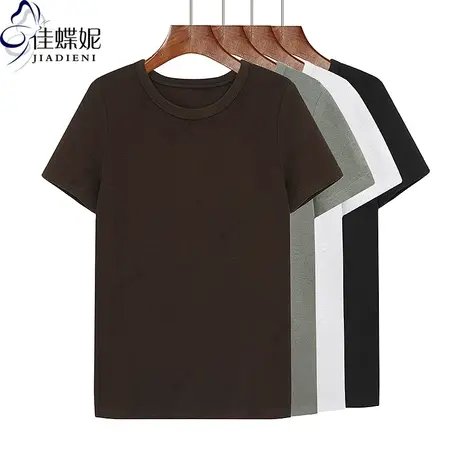 春夏新款韩版美拉德圆领宽松休闲纯棉纯色短袖体恤上衣女打底衫商品大图