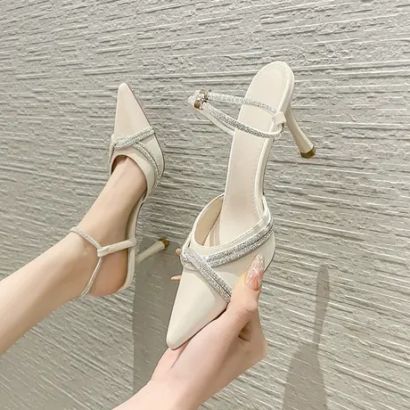 高跟鞋女2024年春季新款尖头水钻后空包头细跟单鞋仙女风宴会鞋子商品大图