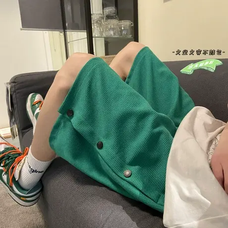排扣短裤男夏季ins潮流百搭华夫格休闲裤港风宽松直筒运动五分裤商品大图