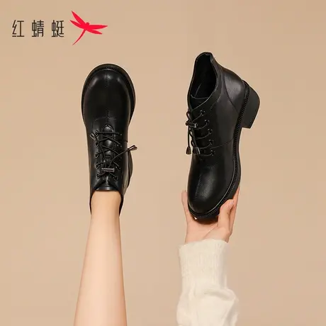 红蜻蜓厚底高帮鞋女2023新款秋冬女鞋英伦风炸街小短靴黑色马丁靴图片