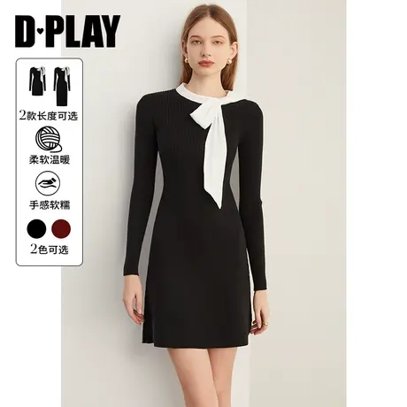 DPLAY春装气质简约法式撞色蝴蝶结黑色修身长袖针织连衣裙裙子女图片